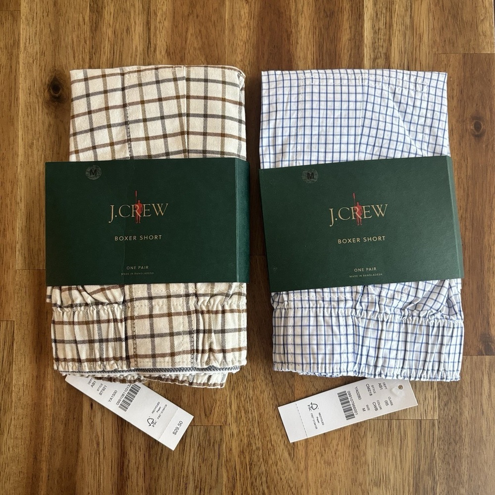 NWT Lot of 2 J Crew Boxers Mens M Check ( 1 Organic Cotton /  1 Cotton ) Classic